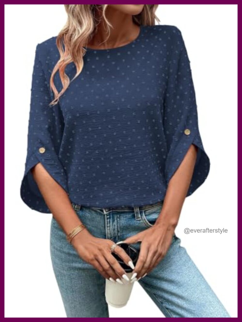 Falechay Womens 3/4 Sleeve Swiss Dot Blouse Crew Neck Dressy Casual Top